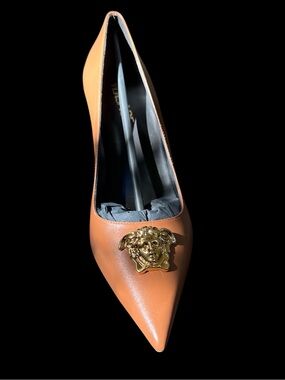 Versace Vitello Leather Pointed-Toe Pumps with Gold Medusa Accent NIB!